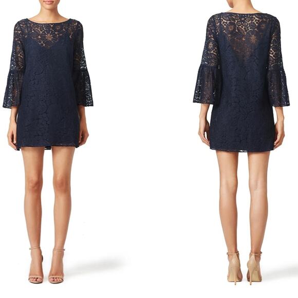 RTR Elizabeth and James Glorietta‎ Navy Blue Lace 3/4 Bell Sleeve Mini Dress - Picture 1 of 10
